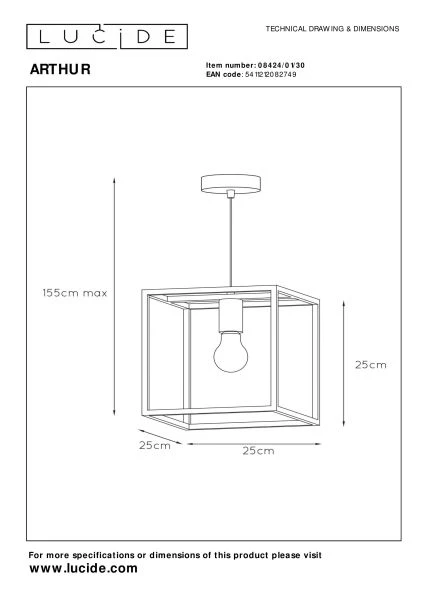 Lucide ARTHUR - Hanglamp - 1xE27 - Zwart - technisch